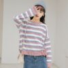 Fashion Girls Loose Short Style Contrast Color Striped Sweater autumn kawaii