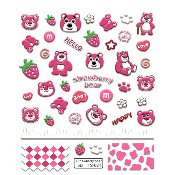 Kawaii 3d Strawberry Bear Embossed Nail Sticker bear kawaii
