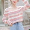 French Fashion Pink Striped Hollow Sweater All-match kawaii