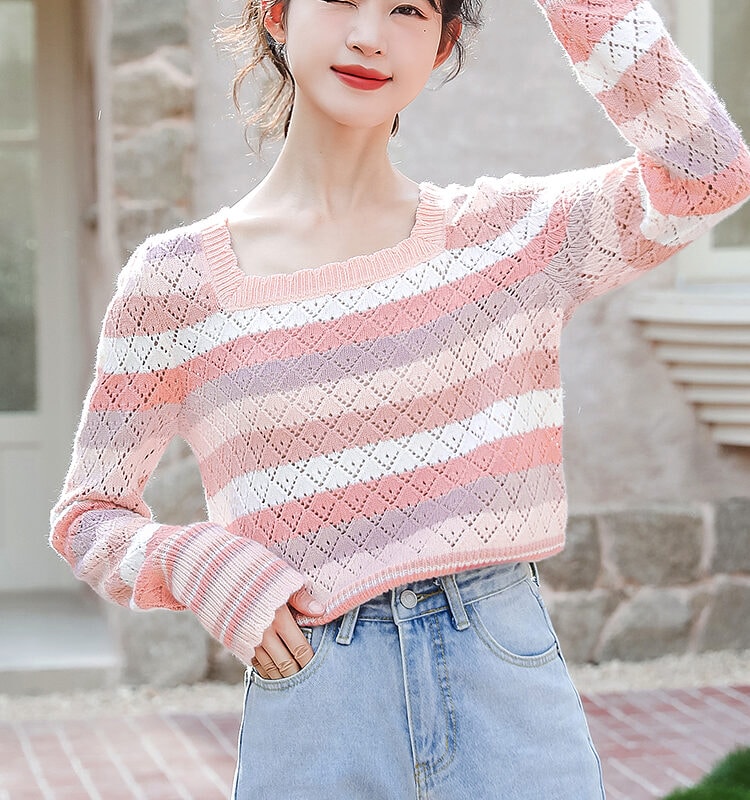 French Fashion Pink Striped Hollow Sweater All-match kawaii