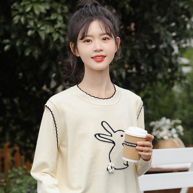 Fashion Fake Two-Piece Cartoon Rabbit Embroidered Sweater autumn kawaii