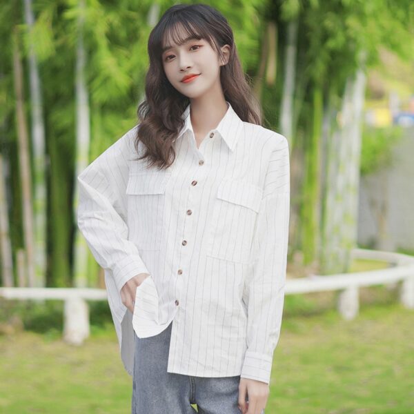 Fashionable Girly Polo Collar Striped Shirt autumn kawaii