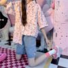 Retro Pink Kitty Cat Printing Short-Sleeved Shirt Kitty Cat kawaii