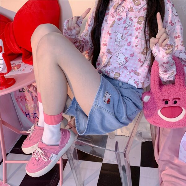 Soft Girl Style Hello Kitty Embroidery Denim Shorts Denim Shorts kawaii