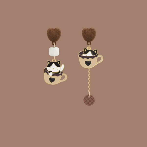 Cute Coffee Cup Kitty Asymmetrical Earrings asymmetrical earrings kawaii