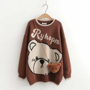 Kawaii Bear Print Round Collar Sweater With Crossbody Bag autumn kawaii