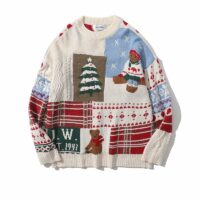 일본 복고풍 크리스마스 베어 크루넥 스웨터 곰 카와이