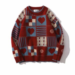 일본 복고풍 격자 무늬 라운드 넥 스웨터 일본어 귀엽다