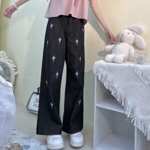 Dżinsy z prostymi nogawkami i wysokim stanem, w stylu dziewczęcym, z nadrukiem w gwiazdki Kawaii z wysokim stanem