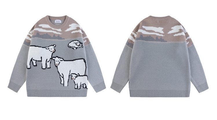 Vintage Cow Embroidered Loose Crew Neck Sweater 13