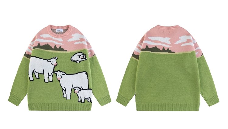 Vintage Cow Embroidered Loose Crew Neck Sweater 11
