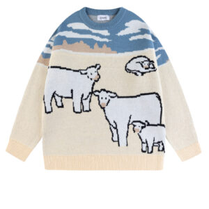 ヴィンテージ牛刺繍ルーズクルーネックセーターカップルかわいい