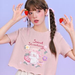 Летняя милая мягкая розовая короткая футболка в стиле девушки Mori Girl kawaii
