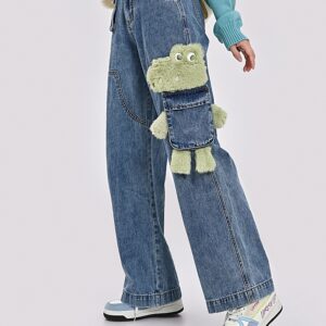 Симпатичные прямые джинсы с 3D-мультяшной вышивкой крокодила синий каваи