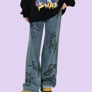 Süße Jeans mit Cartoon-Bär-Graffiti-Print und hoher Taille Bär kawaii