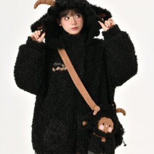 Cappotto spesso con cappuccio in agnello tridimensionale nero carino Kawaii autunno kawaii
