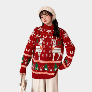 Suéter vermelho bordado com alce estilo natalino retrô Natal kawaii