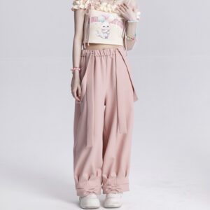 Söt rosa rosett-utsmyckade overaller höst kawaii