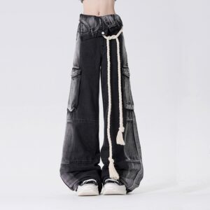 American Style Black And Gray Straight-leg Work Jeans American kawaii