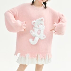 Kawaii Sweet Girly 핑크 고양이 자수 스웨터 가을 카와이
