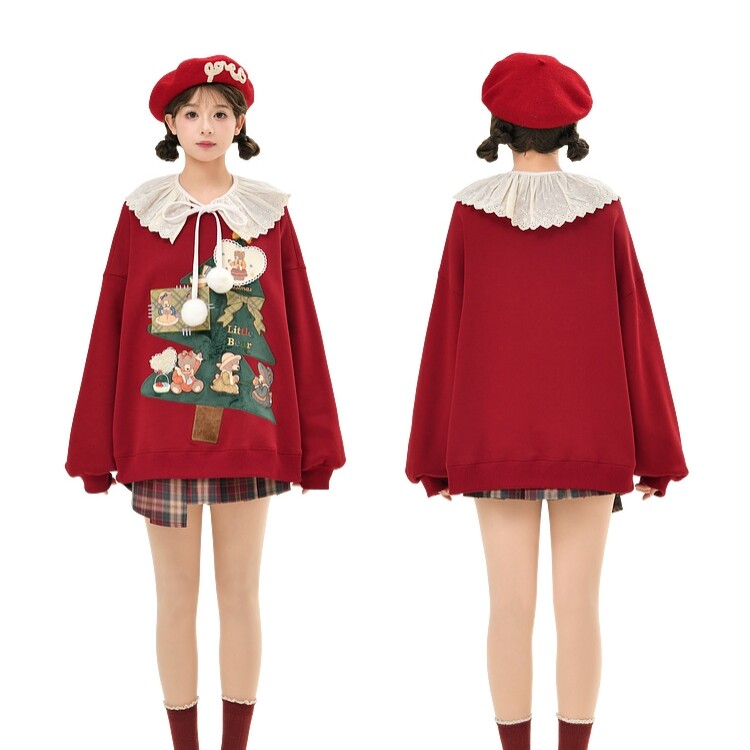 Kawaii Sweet Style Red Plus Velvet Sweatshirt