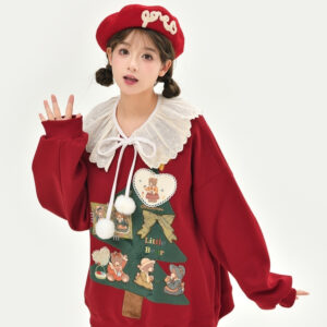 Kawaii zoete stijl rood plus fluwelen kerstsweater Kerst-kawaii