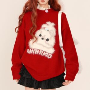 Suéter rojo dulce con cuello redondo suelto estilo navideño navidad kawaii