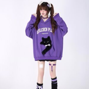 Kawaii Sweet Girly Style Violet Sweat-shirt chaton brodé 3D Kawaii noir