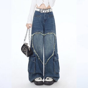 Rechte jeans in Amerikaanse girly-stijl met liefdevol hartborduurwerk Amerikaanse kawaii