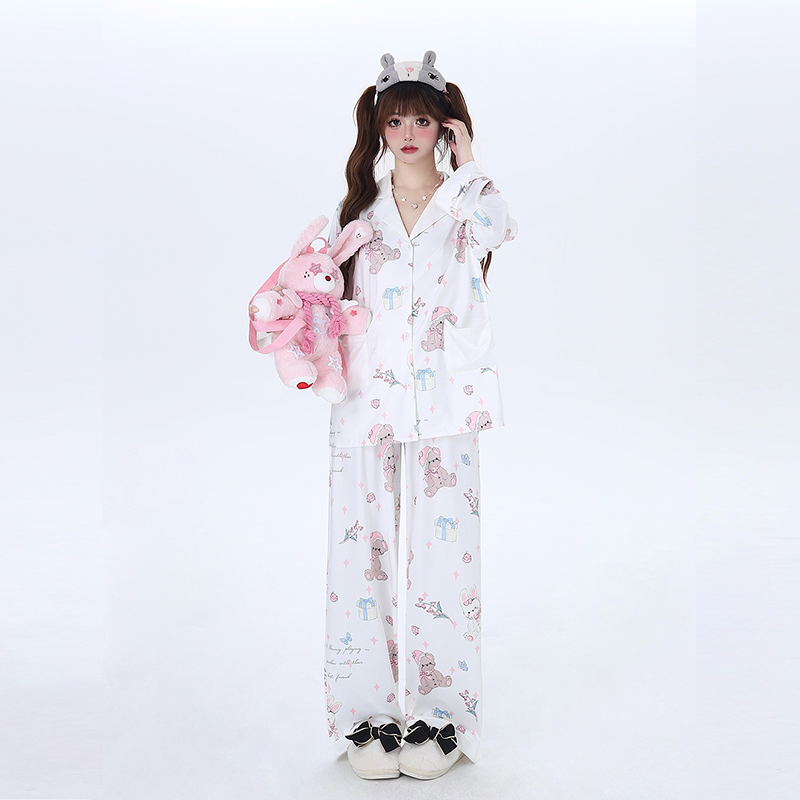 Zestaw piżam Kawaii Soft Girl Style z nadrukiem niedźwiedzia