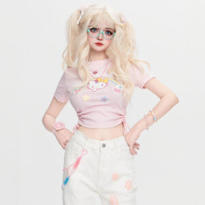 Kawaii Style doux rose Hello Kitty imprimé col rond T-shirt Hello Kitty kawaii