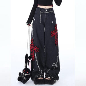 Dżinsy z prostymi, szerokimi nogawkami w stylu Punk Girl Kawaii w stylu azjatyckim