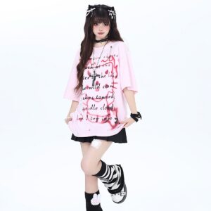 T-shirt imprimé Hello Kitty rose Style Dopamine été Dopamine kawaii