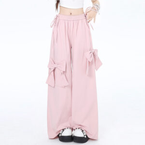 Pantalon à jambes larges avec nœud rose style Sweet Dopamine Arc kawaii
