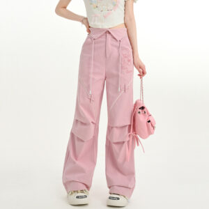 Zoete meisjesachtige roze overall met hoge taille kawaii met hoge taille