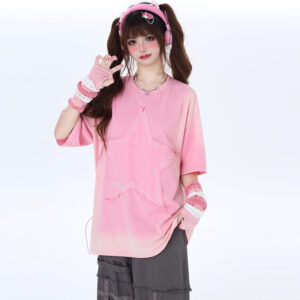 Zoet zacht meisjesstijl roze all-match T-shirt met ronde hals Amerikaanse kawaii