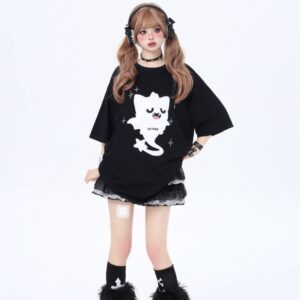 Summer Sweet Girly Style Cartoon Ghost Cat Print T-shirt Cartoon kawaii