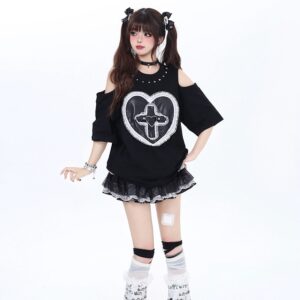 Sweet Cool Girly Style Loving Heart Embroidered T-shirt cool kawaii Sweet Cool Girly Style Loving Heart Embroidered T-shirt cool kawaii