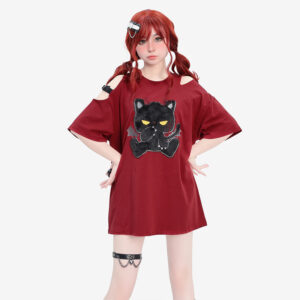 Słodki, fajny styl Little Devil Cat Haftowany T-shirt z odkrytymi ramionami Kot kawaii