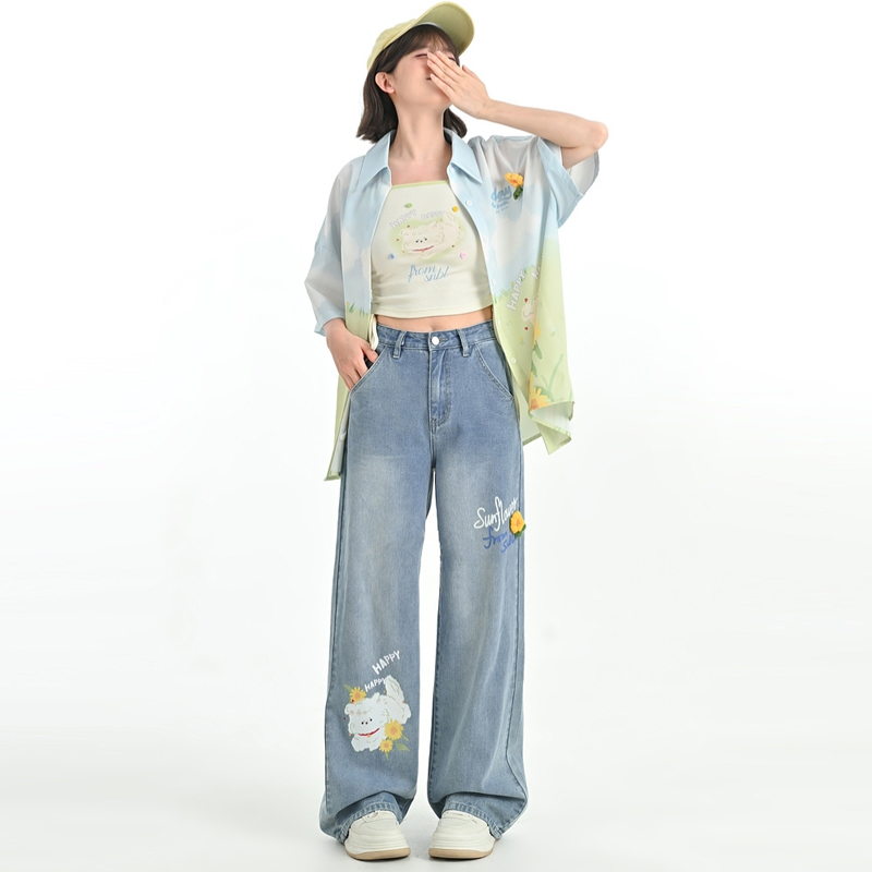 Summer Cartoon Puppy Print Blue High Waist Jeans